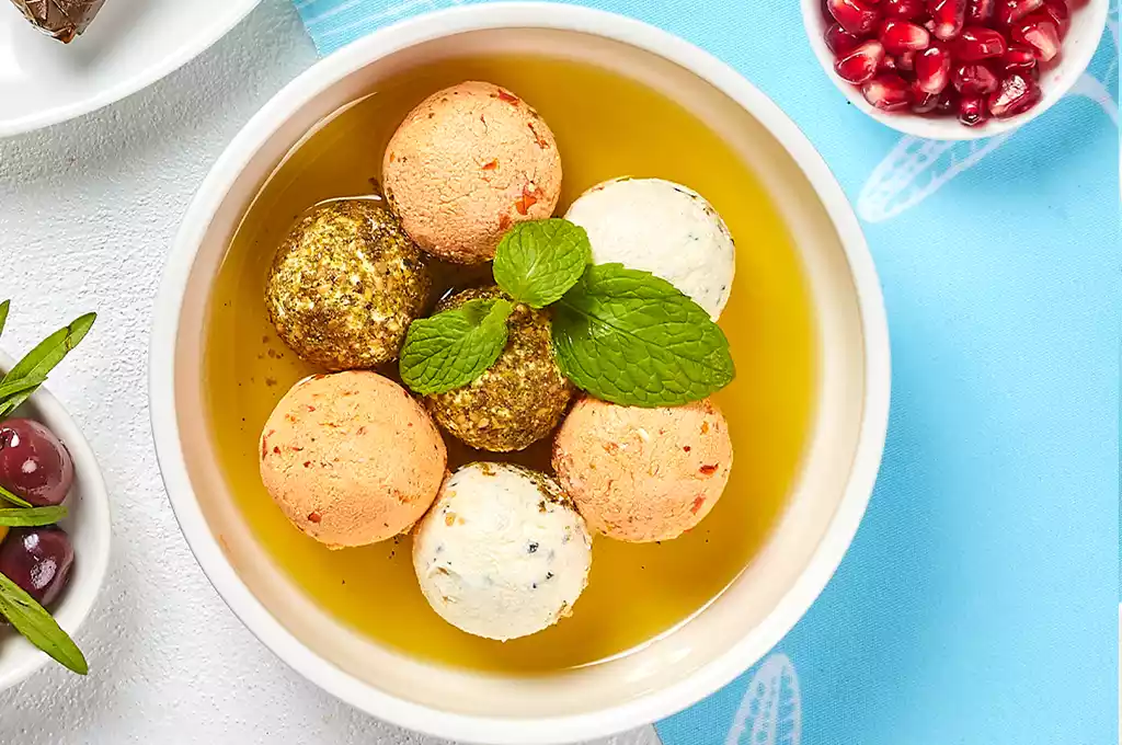 Labneh balls with olive oil